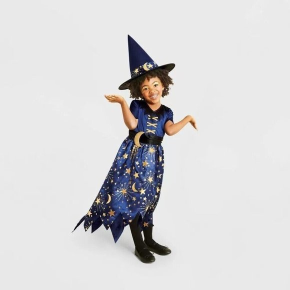 Kids Navy Moonlight Witch Halloween Costume with Hat Small 4-6 Wizard Dress Up - Picture 2 of 8